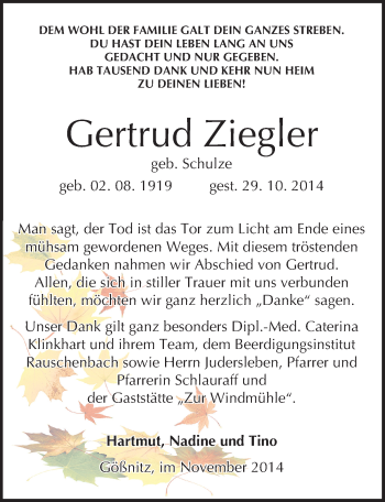 Traueranzeige von Gertrud Ziegler von Mitteldeutsche Zeitung Naumburg/Nebra