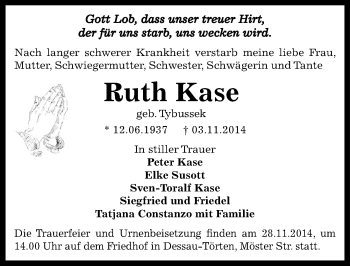 Traueranzeige von Ruth Kase von Mitteldeutsche Zeitung Dessau-Roßlau