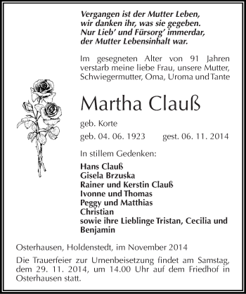 Traueranzeige von Martha Clauß von Mitteldeutsche Zeitung Mansfelder Land