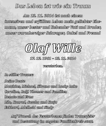 Traueranzeige von Olaf Wille von Mitteldeutsche Zeitung Naumburg/Nebra