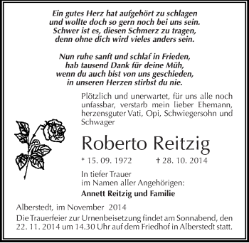 Traueranzeige von Roberto Reitzig von Mitteldeutsche Zeitung Merseburg/Querfurt