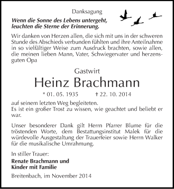 Traueranzeige von Heinz Brachmann von Mitteldeutsche Zeitung Sangerhausen