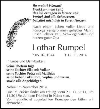 Traueranzeige von Lothar Rumpel von Mitteldeutsche Zeitung Naumburg/Nebra