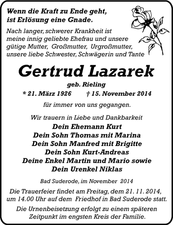 Traueranzeige von Gertrud Lazarek von Mitteldeutsche Zeitung Quedlinburg