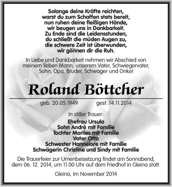 Traueranzeige von Roland Böttcher von Mitteldeutsche Zeitung Naumburg/Nebra