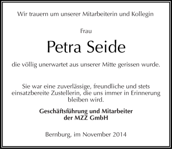 Traueranzeige von Petra Seide von Mitteldeutsche Zeitung Bernburg