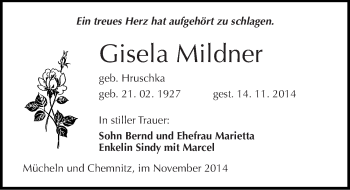 Traueranzeige von Gisela Mildner von Mitteldeutsche Zeitung Merseburg/Querfurt