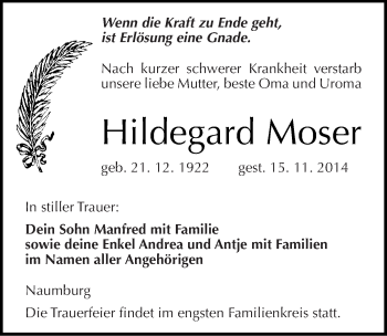 Traueranzeige von Hildegard Moser von Mitteldeutsche Zeitung Naumburg/Nebra