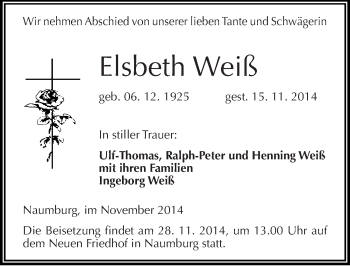 Traueranzeige von Elsbeth Weiß von Mitteldeutsche Zeitung Naumburg/Nebra