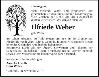 Traueranzeige von Elfriede Weber von Mitteldeutsche Zeitung