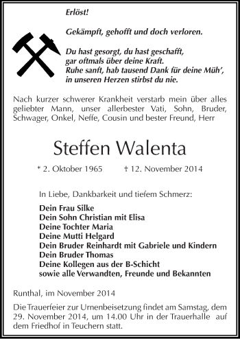 Traueranzeige von Steffen Walenta von Mitteldeutsche Zeitung Weißenfels