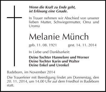 Traueranzeige von Melanie Münch von Mitteldeutsche Zeitung Quedlinburg