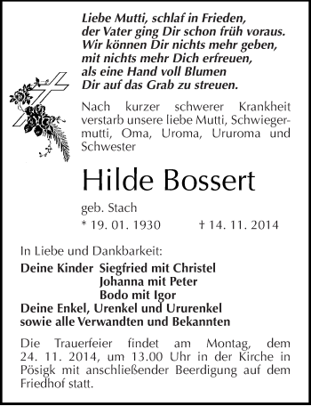 Traueranzeige von Hilde Bossert von Mitteldeutsche Zeitung Köthen