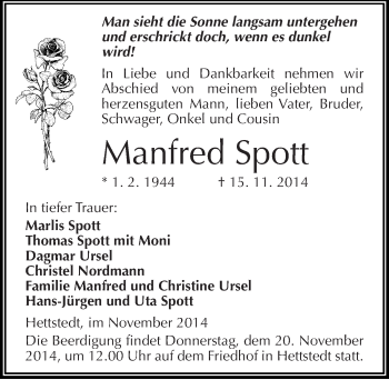 Traueranzeige von Manfred Spott von Mitteldeutsche Zeitung Mansfelder Land