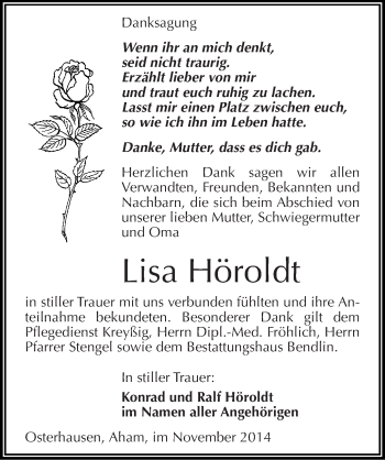 Traueranzeige von Lisa Höroldt von Mitteldeutsche Zeitung Mansfelder Land
