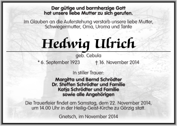 Traueranzeige von Hedwig Ulrich von Mitteldeutsche Zeitung Köthen
