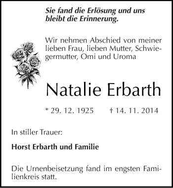 Traueranzeige von Natalie Erbarth von Mitteldeutsche Zeitung Naumburg/Nebra