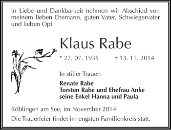 Traueranzeige von Klaus Rabe von Mitteldeutsche Zeitung Mansfelder Land