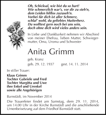 Traueranzeige von Anita Grimm von Mitteldeutsche Zeitung Merseburg/Querfurt