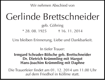 Traueranzeige von Gerlinde Brettschneider von Mitteldeutsche Zeitung Halle/Saalkreis