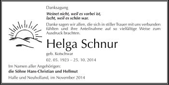 Traueranzeige von Helga Schnur von Mitteldeutsche Zeitung Halle/Saalkreis