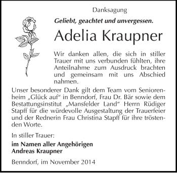 Traueranzeige von Adelia Kraupner von Mitteldeutsche Zeitung Mansfelder Land