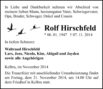 Traueranzeige von Rolf Hirschfeld von Mitteldeutsche Zeitung Sangerhausen