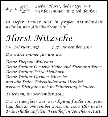 Traueranzeige von Horst Nitzsche von Mitteldeutsche Zeitung Weißenfels