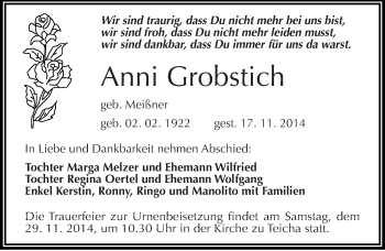 Traueranzeige von Anni Grobstich von Mitteldeutsche Zeitung Halle/Saalkreis