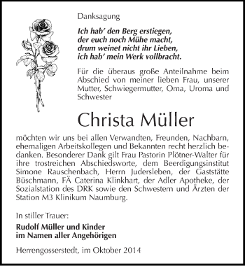 Traueranzeige von Christa Müller von Mitteldeutsche Zeitung Naumburg/Nebra