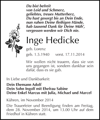 Traueranzeige von Inge Hedicke von Mitteldeutsche Zeitung Köthen