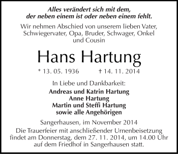 Traueranzeige von Hans Hartung von Mitteldeutsche Zeitung Sangerhausen