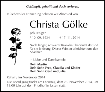 Traueranzeige von Christa Gölke von Mitteldeutsche Zeitung Wittenberg