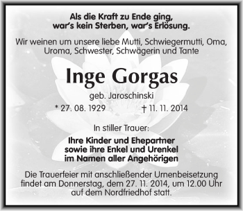 Traueranzeige von Inge Gorgas von Mitteldeutsche Zeitung Halle/Saalkreis