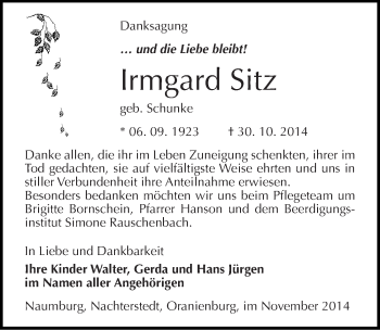 Traueranzeige von Irmgard Sitz von Mitteldeutsche Zeitung Naumburg/Nebra