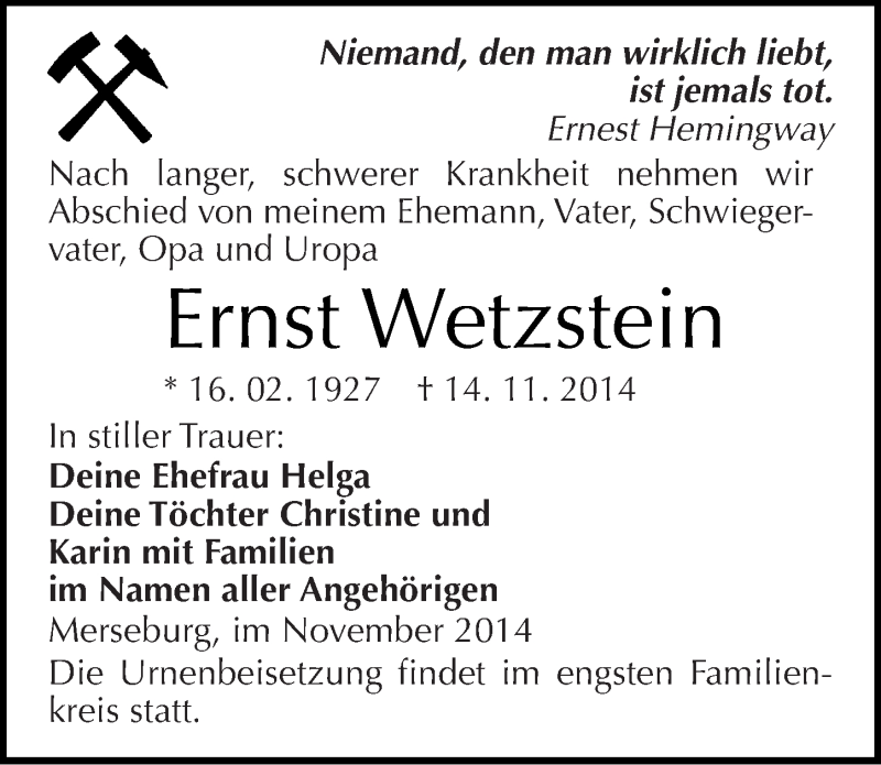  Traueranzeige für Ernst Wetzstein vom 22.11.2014 aus Mitteldeutsche Zeitung