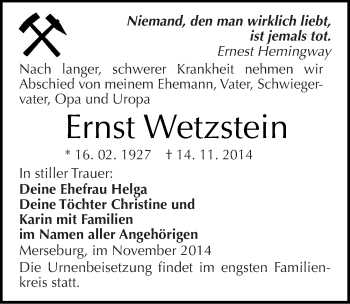 Traueranzeige von Ernst Wetzstein von Mitteldeutsche Zeitung