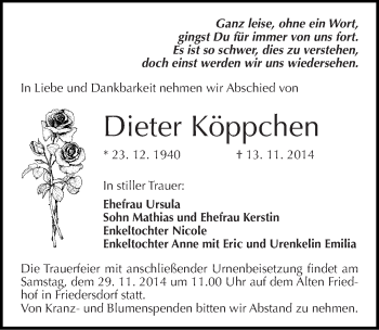 Traueranzeige von Dieter Köppchen von Mitteldeutsche Zeitung Bitterfeld