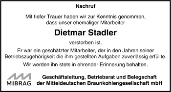 Traueranzeige von Dietmar Stadler von Mitteldeutsche Zeitung Zeitz