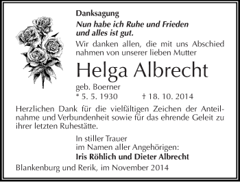 Traueranzeige von Helga Albrecht von Mitteldeutsche Zeitung Halle/Saalkreis