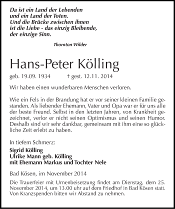 Traueranzeige von Hans-Peter Kölling von Mitteldeutsche Zeitung Naumburg/Nebra