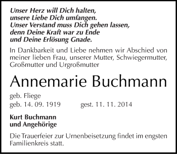 Traueranzeige von Annemarie Buchmann von Mitteldeutsche Zeitung Halle/Saalkreis