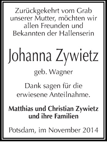 Traueranzeige von Johanna Zywietz von Mitteldeutsche Zeitung Halle/Saalkreis