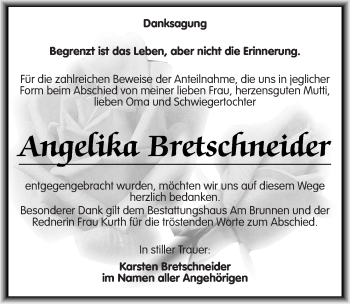 Traueranzeige von Angelika Bretschneider von Mitteldeutsche Zeitung Mansfelder Land