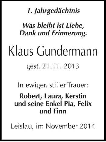 Traueranzeige von Klaus Gundermann von Mitteldeutsche Zeitung Naumburg/Nebra