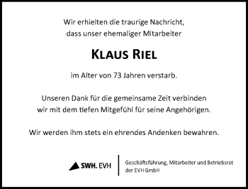Traueranzeige von Klaus Riel von Mitteldeutsche Zeitung Halle/Saalkreis