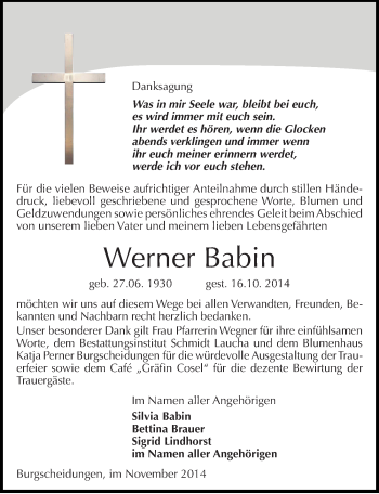 Traueranzeige von Werner Babin von Mitteldeutsche Zeitung Naumburg/Nebra