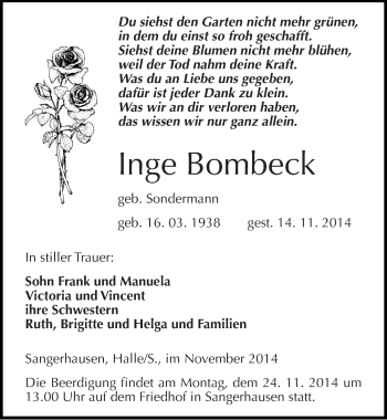 Traueranzeige von Inge Bombeck von Mitteldeutsche Zeitung Sangerhausen