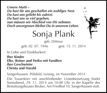Traueranzeige von Sonja Plank von Mitteldeutsche Zeitung