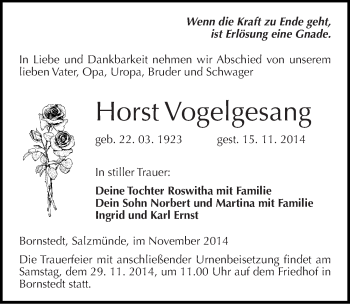 Traueranzeige von Horst Vogelgesang von Mitteldeutsche Zeitung